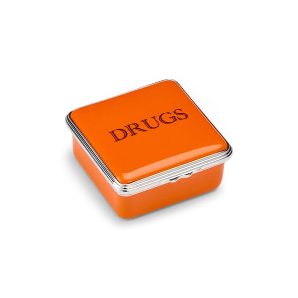 Drugs Orange Enamel Pill Box Square