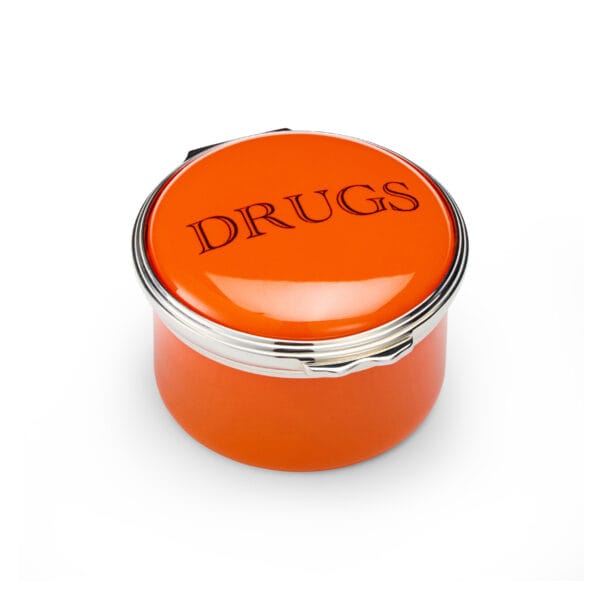 Drugs Orange Enamel Pill Box Circular